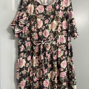 Floral Brown Dress with Pink Roses